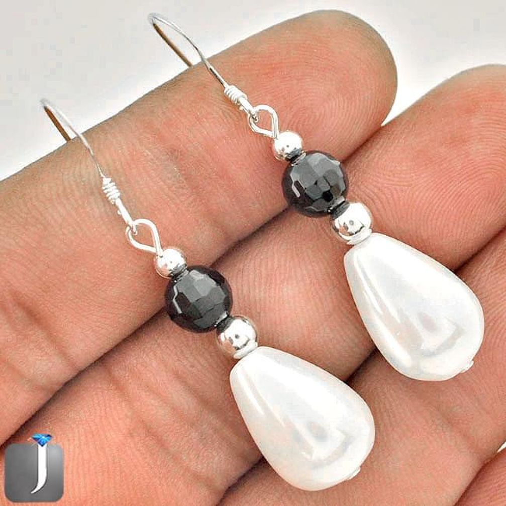 22.54cts NATURAL WHITE PEARL ONYX 925 STERLING SILVER DANGLE EARRINGS E9144
