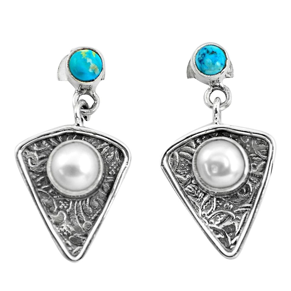 4.69cts natural white pearl turquoise 925 sterling silver dangle earrings p57588