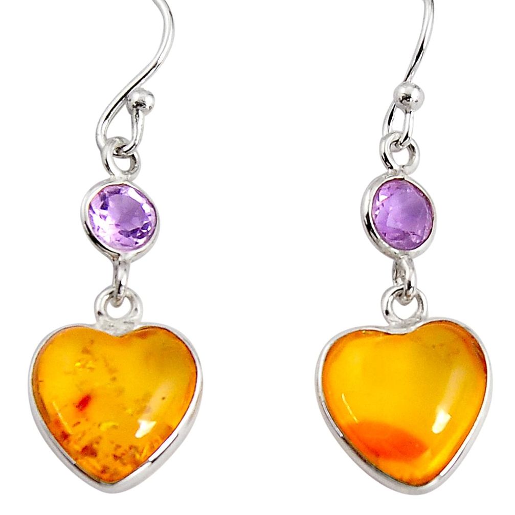 6.83cts natural yellow amber bone amethyst 925 silver heart earrings p91450