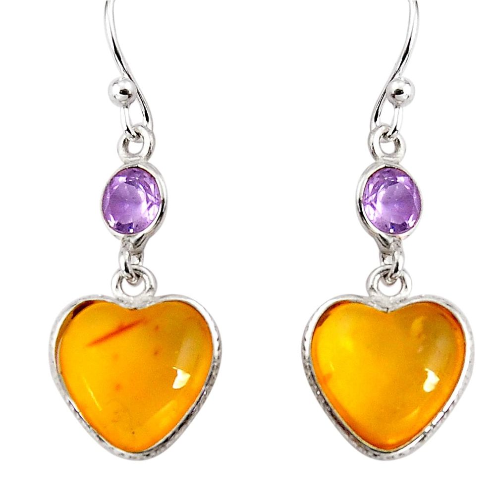 6.98cts natural yellow amber bone amethyst 925 silver heart earrings p91453