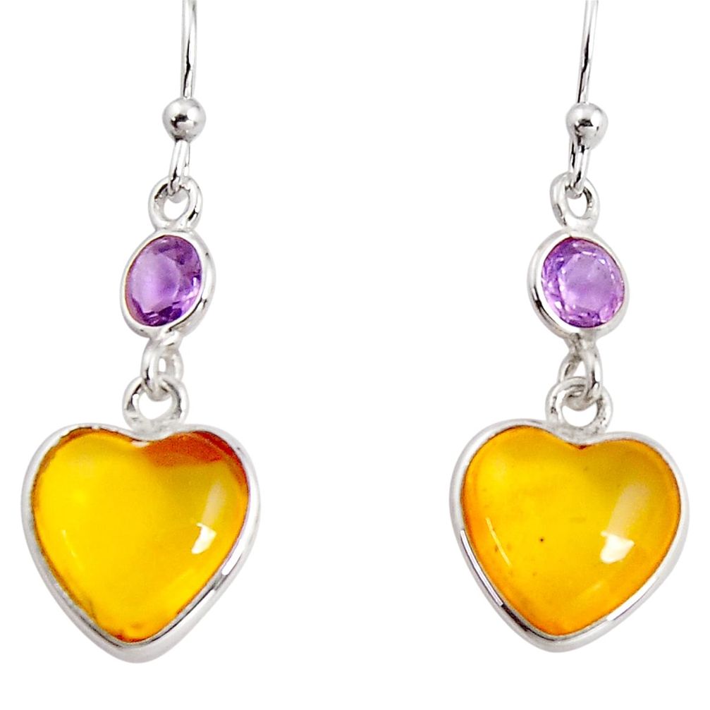 6.89cts natural yellow amber bone amethyst 925 silver heart earrings p91456