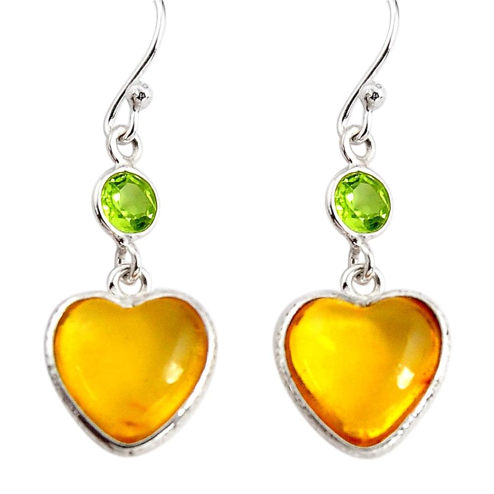 6.89cts natural yellow amber bone heart peridot 925 silver heart earrings p91441