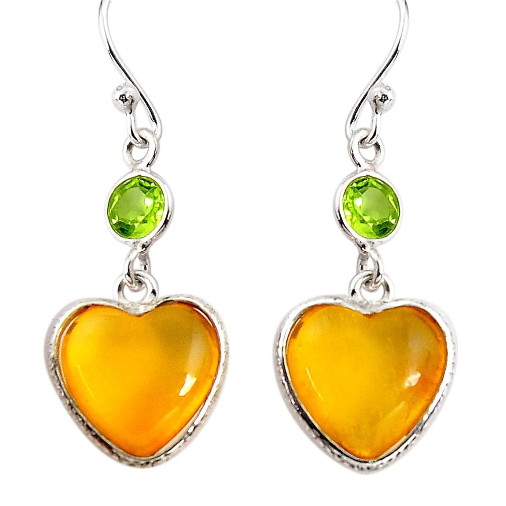6.89cts natural yellow amber bone peridot 925 silver heart earrings p91452