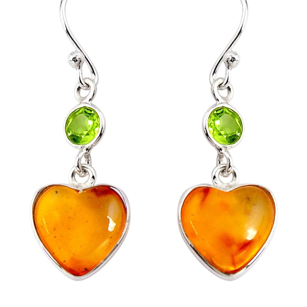 6.89cts natural yellow amber bone peridot 925 silver heart earrings p91458