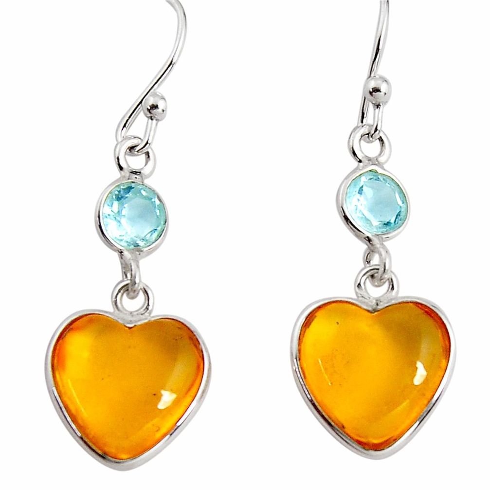 7.53cts natural yellow amber bone topaz 925 silver dangle heart earrings p91442