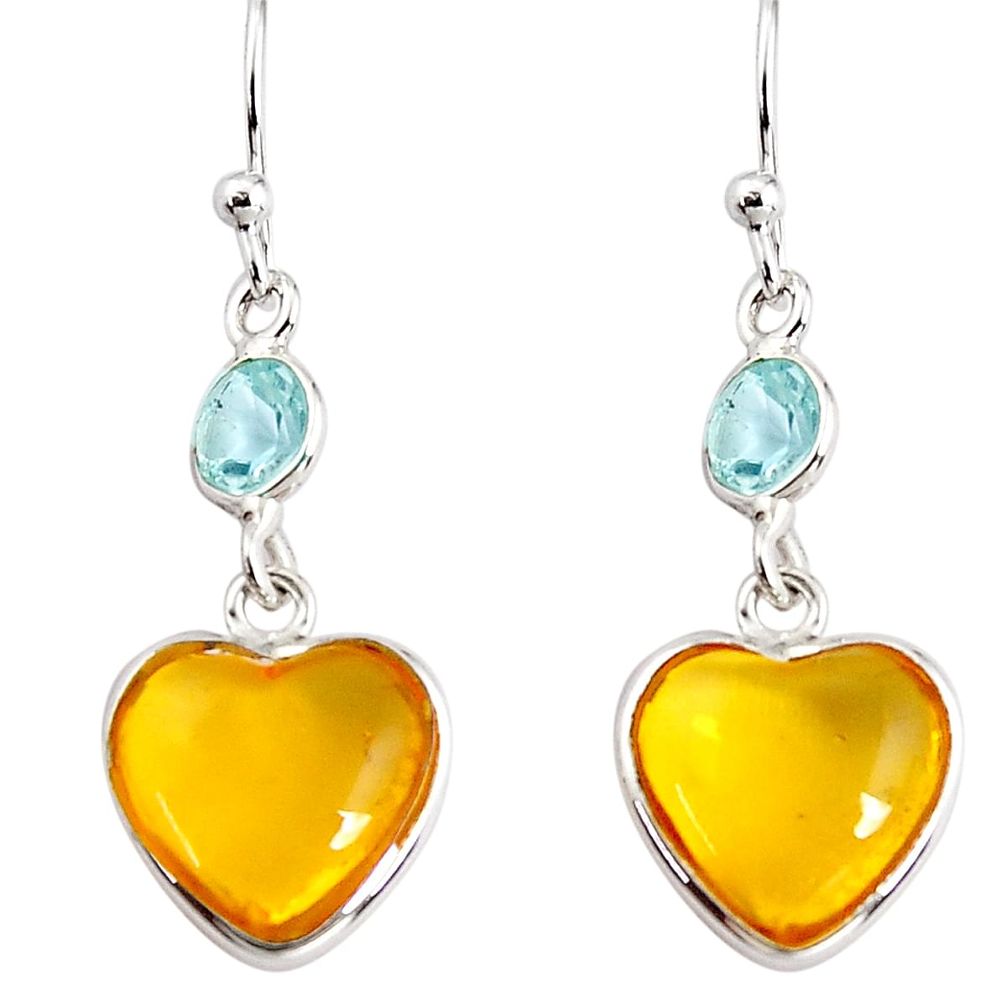 6.89cts natural yellow amber bone topaz 925 silver dangle heart earrings p91457