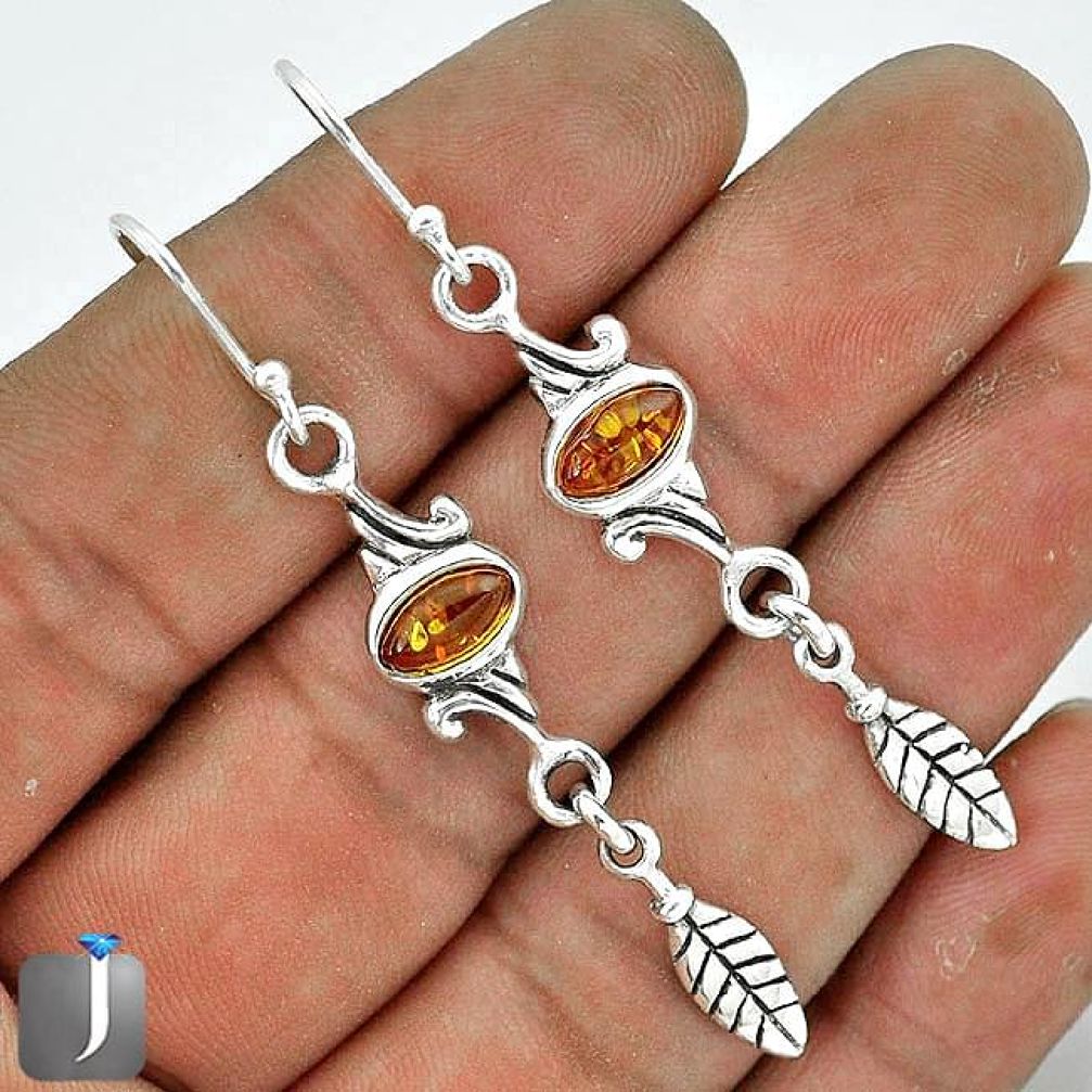 3.61cts ORANGE AUTHENTIC BALTIC AMBER 925 STERLING SILVER DANGLE EARRINGS G37719