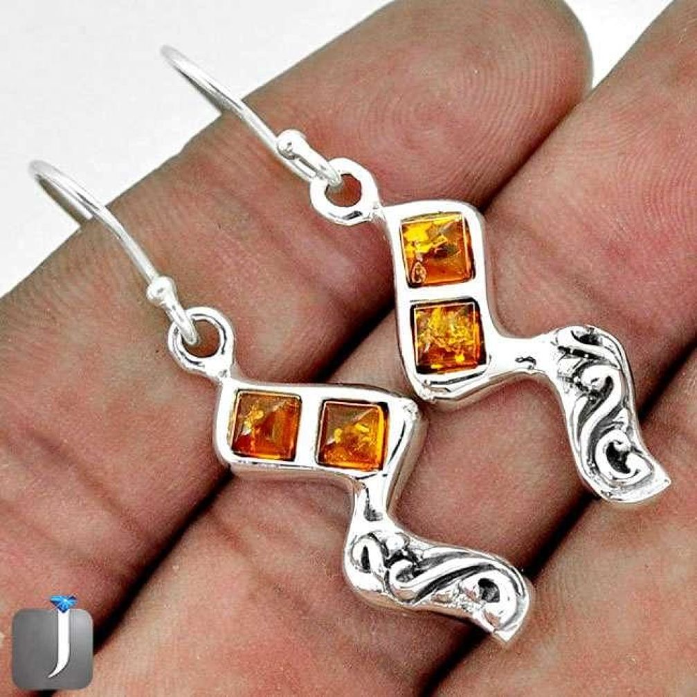 5.51cts ORANGE AUTHENTIC BALTIC AMBER 925 STERLING SILVER DANGLE EARRINGS G73493