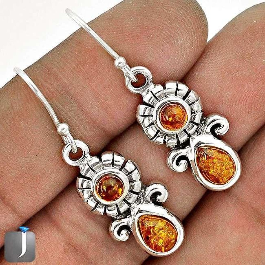 6.02cts ORANGE AUTHENTIC BALTIC AMBER 925 STERLING SILVER DANGLE EARRINGS G73495