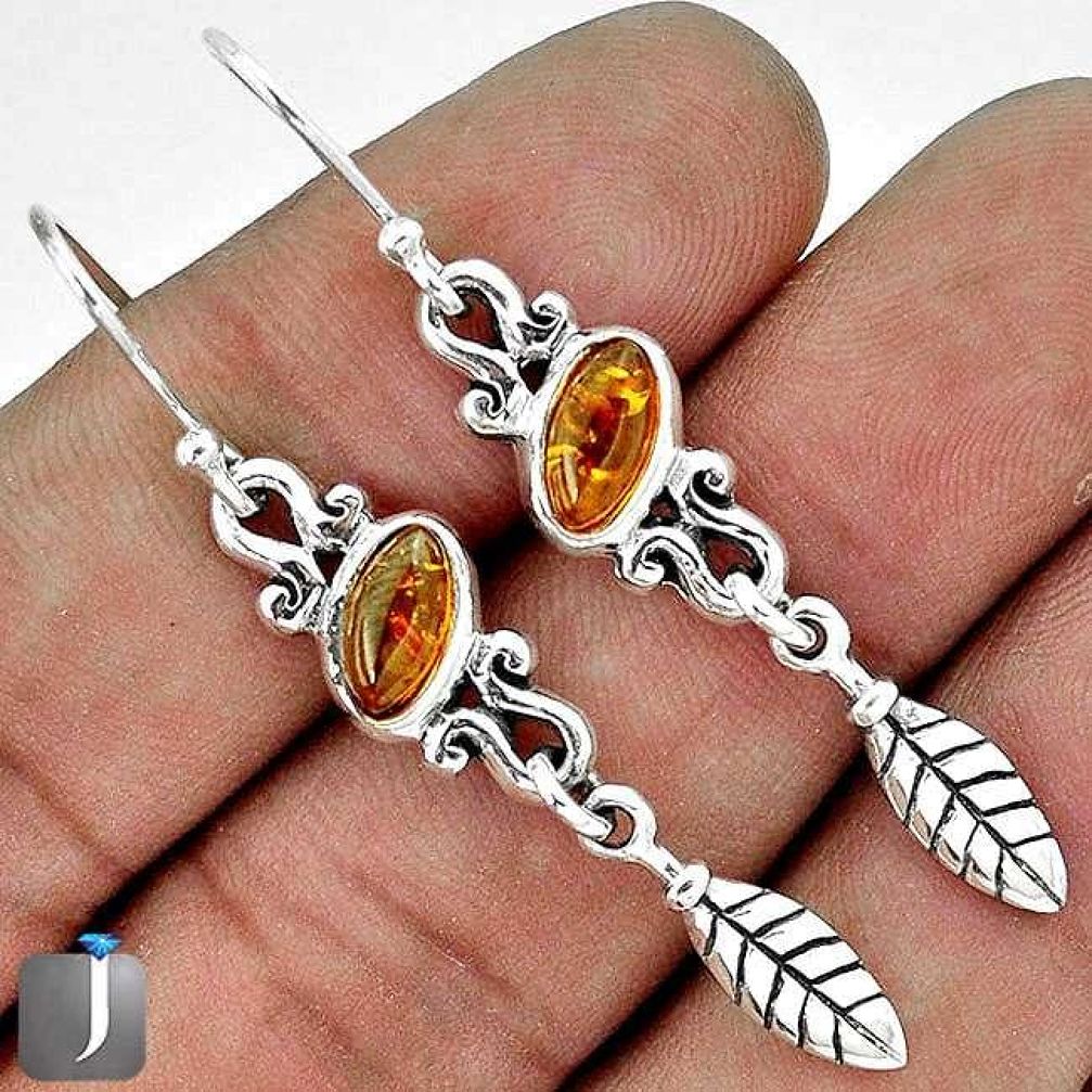 ORANGE AUTHENTIC BALTIC AMBER LEAF 925 STERLING SILVER DANGLE EARRINGS G73490
