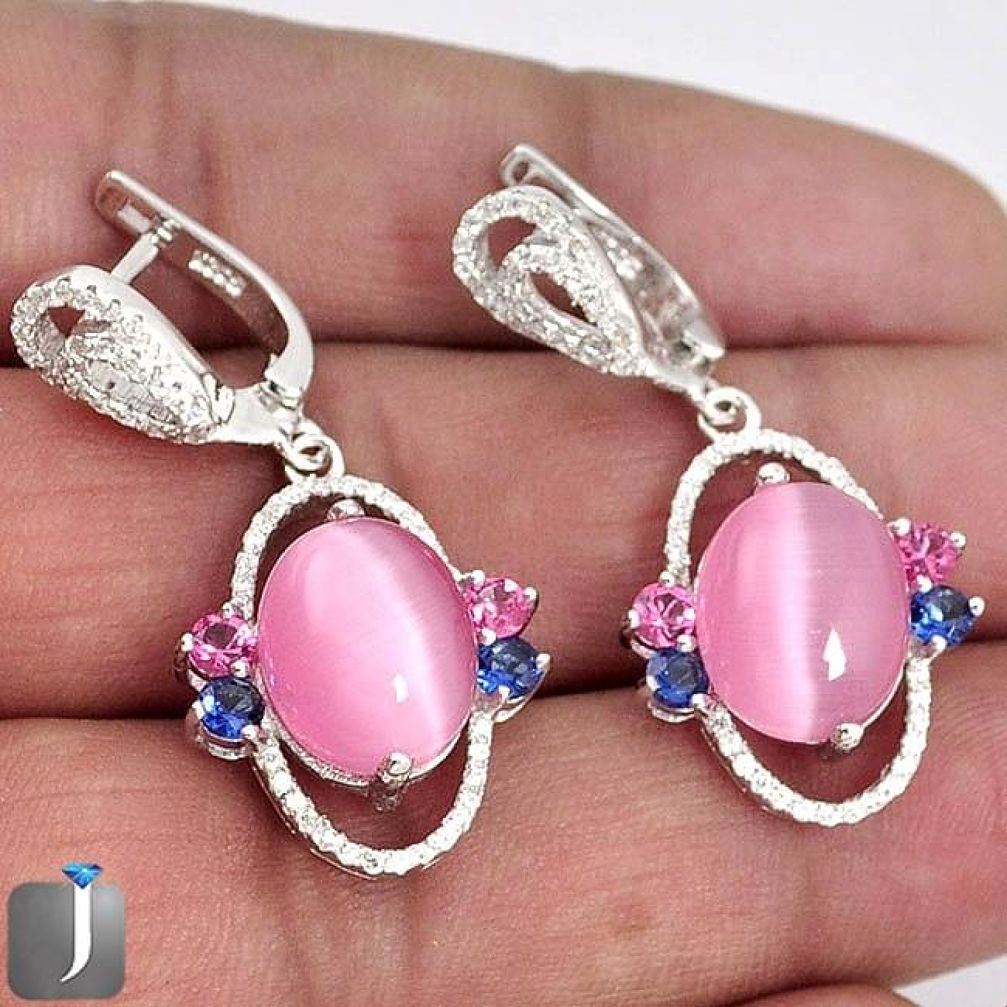 18.65cts PINK CATS EYE SAPPHIRE QUARTZ 925 SILVER DANGLE EARRINGS JEWELRY F36164