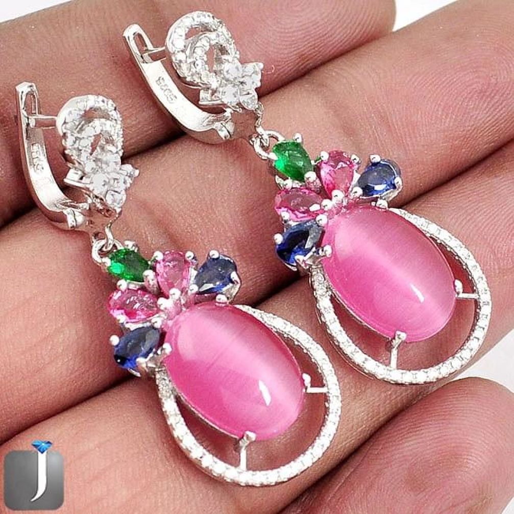 22.15cts PINK CATS EYE TOPAZ 925 STERLING SILVER DANGLE EARRINGS JEWELRY F36141