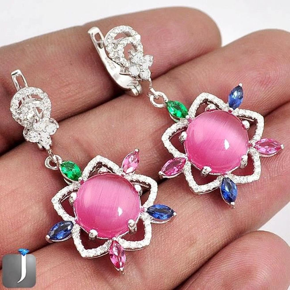 19.85cts PINK CATS EYE TOPAZ 925 STERLING SILVER DANGLE EARRINGS JEWELRY F36144