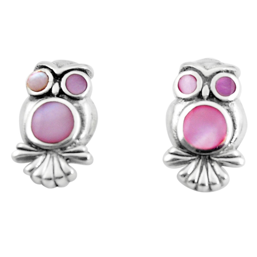 4.26gms pink pearl enamel 925 sterling silver owl earrings jewelry c2549