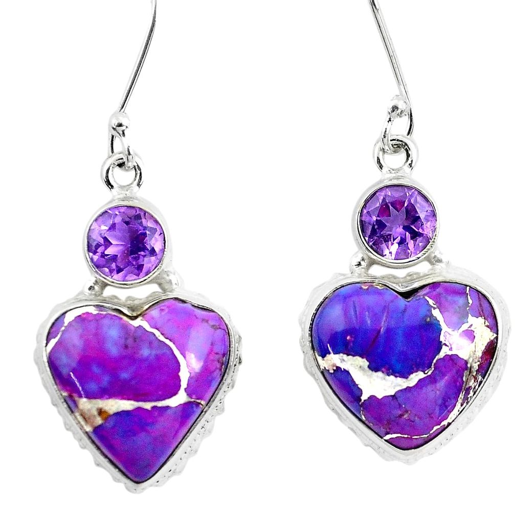 17.69cts purple copper turquoise amethyst 925 silver heart earrings p50668