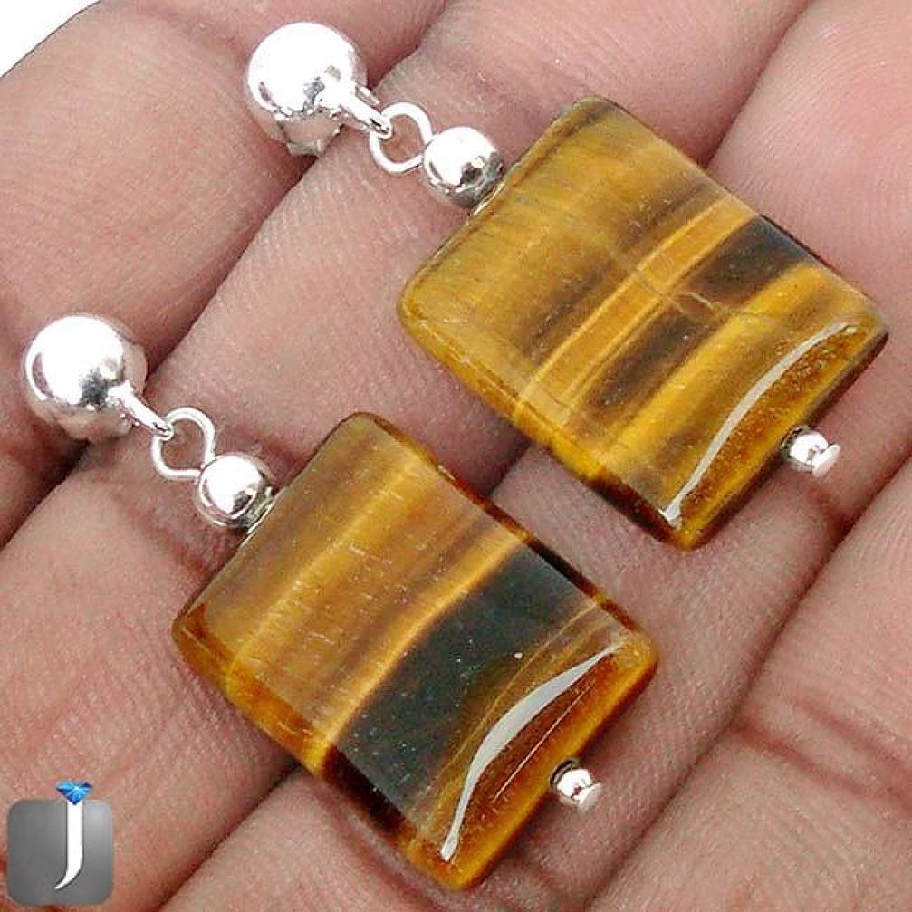 RARE NATURAL BROWN TIGERS EYE 925 STERLING SILVER DANGLE EARRINGS JEWELRY G8853