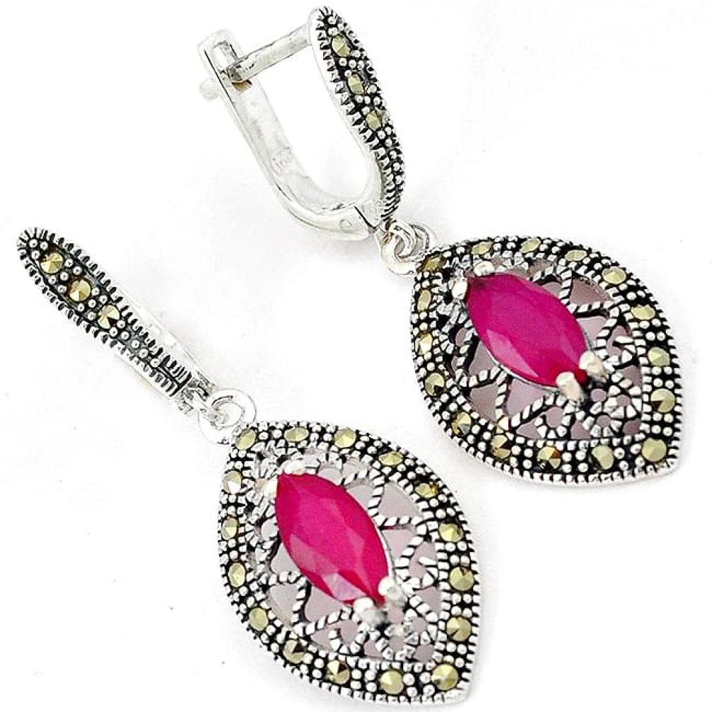 RED RUBY INDIAN MARCASITE 925 STERLING SILVER DANGLE EARRINGS JEWELRY H3236