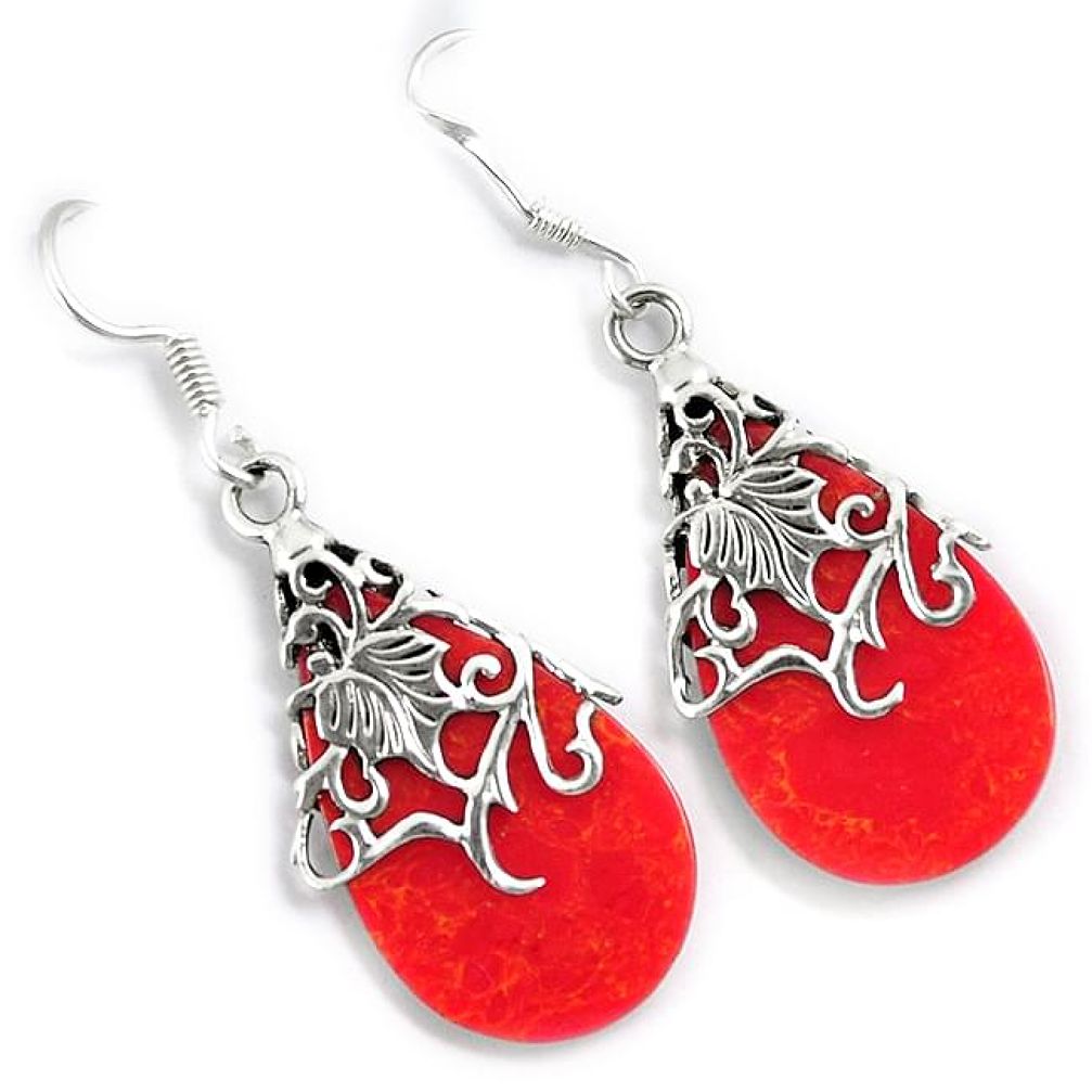 Red sponge coral 925 sterling silver leaf designer drop dangle earrings h45740