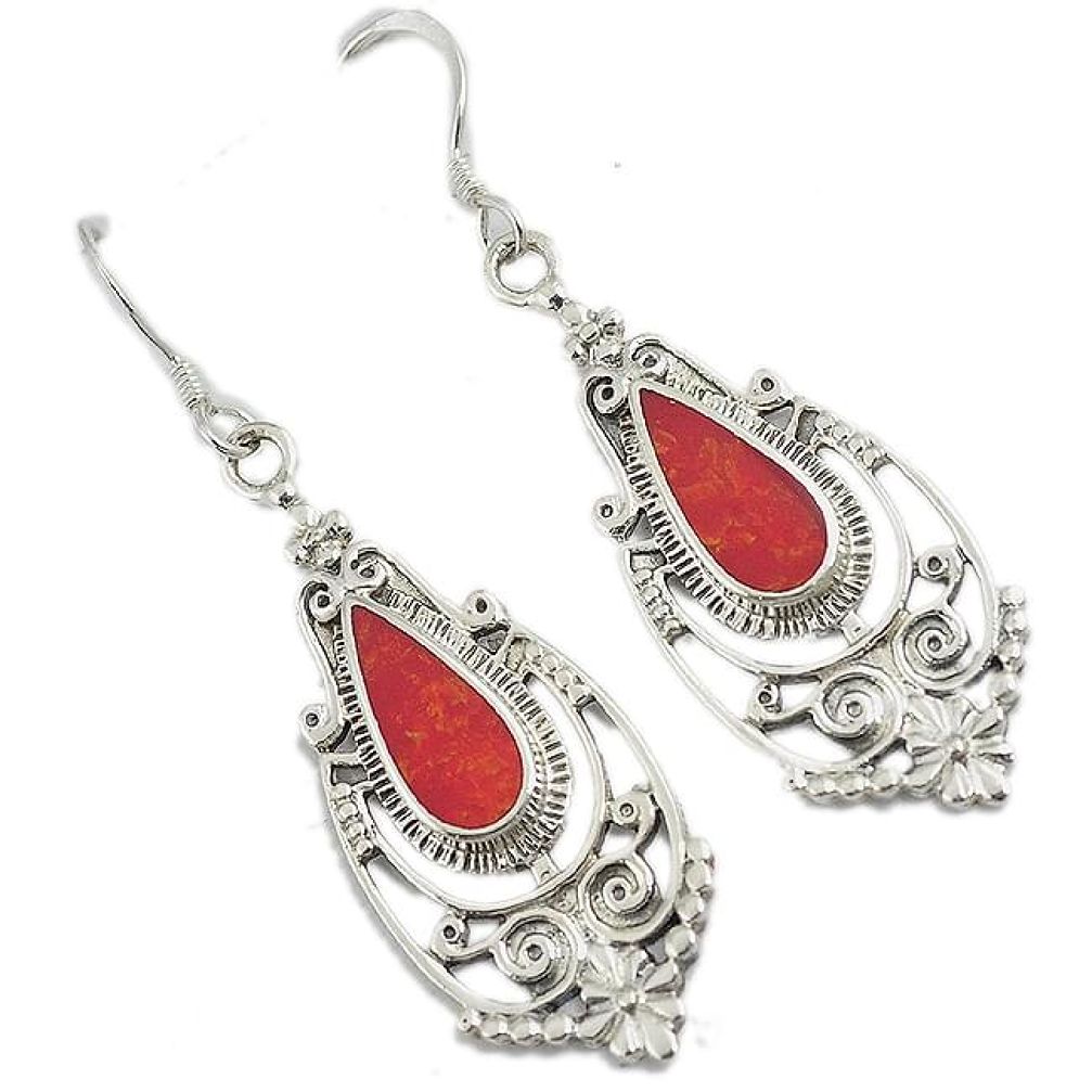 Red sponge coral enamel 925 sterling silver dangle earrings jewelry h53727