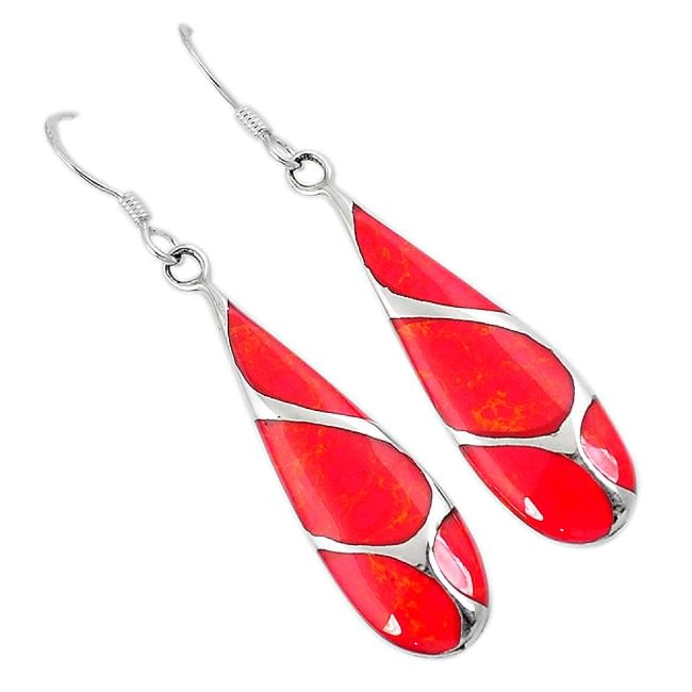 Red sponge coral enamel 925 sterling silver dangle earrings jewelry h54541