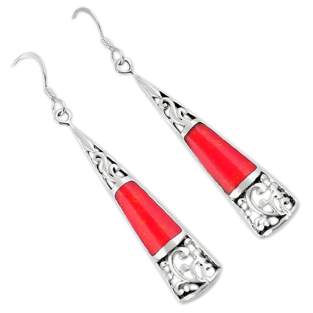 Red sponge coral enamel 925 sterling silver dangle earrings jewelry h54603