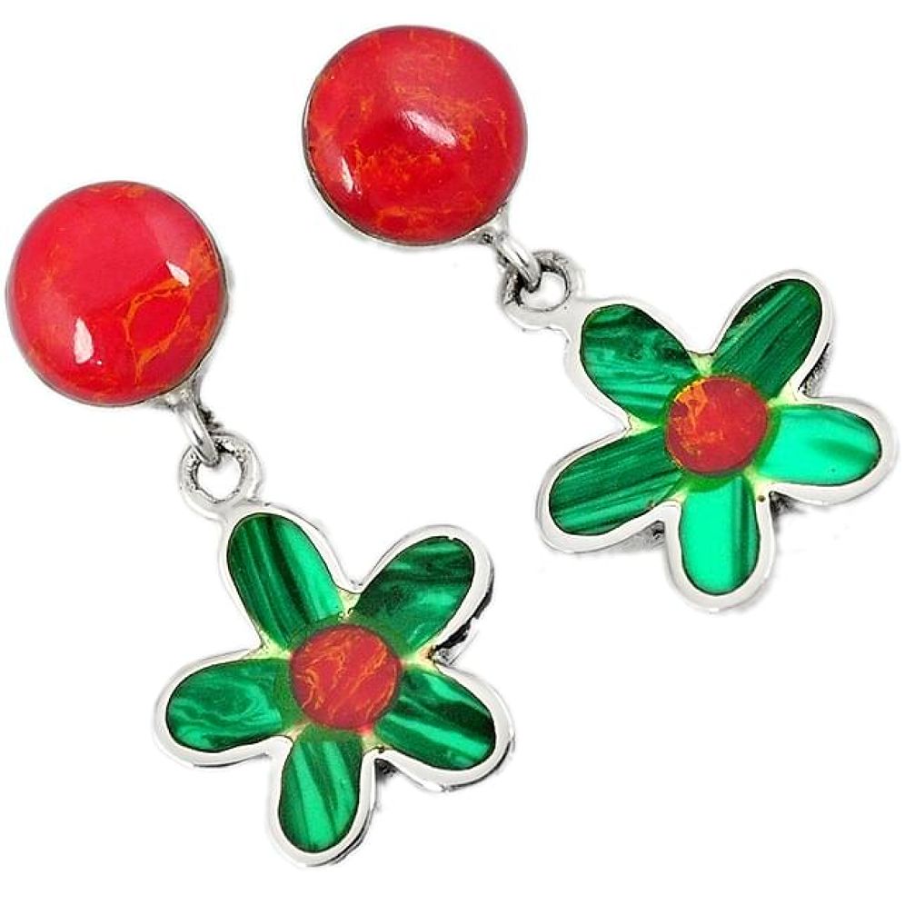 Red sponge coral malachite (pilot's stone) 925 silver flower earrings h53775