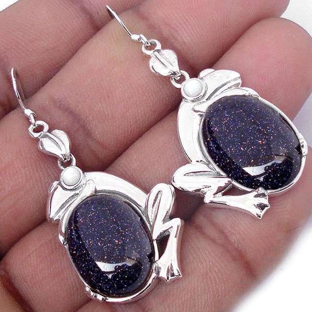 SUBLIME NATURAL BLUE GOLDSTONE PEARL 925 SILVER FROG EARRINGS JEWELRY H14865