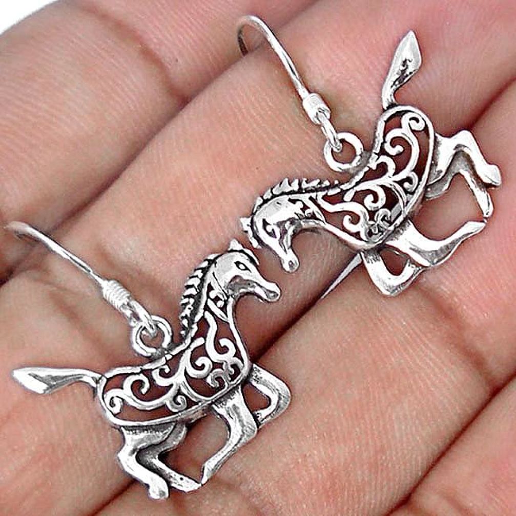 3.11gms SUPERB 925 STERLING SILVER FILIGREE HORSE DANGLE EARRINGS JEWELRY H26746