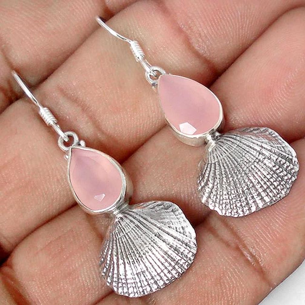 SUPERIOR 925 SILVER SEASHELL DANGLE EARRINGS NATURAL PINK CHALCEDONY PEAR G82293