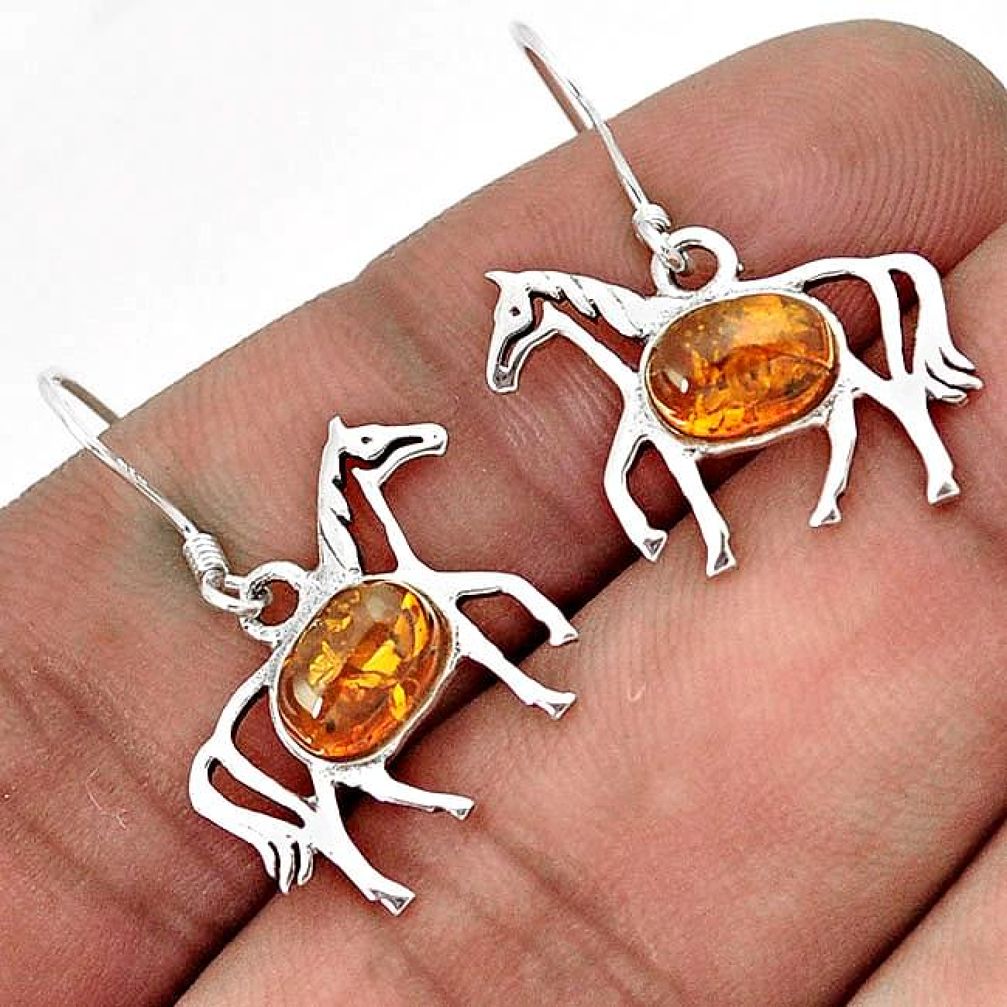 SUPERIOR ORANGE AMBER STONE 925 STERLING SILVER HORSE DANGLE EARRINGS H25976