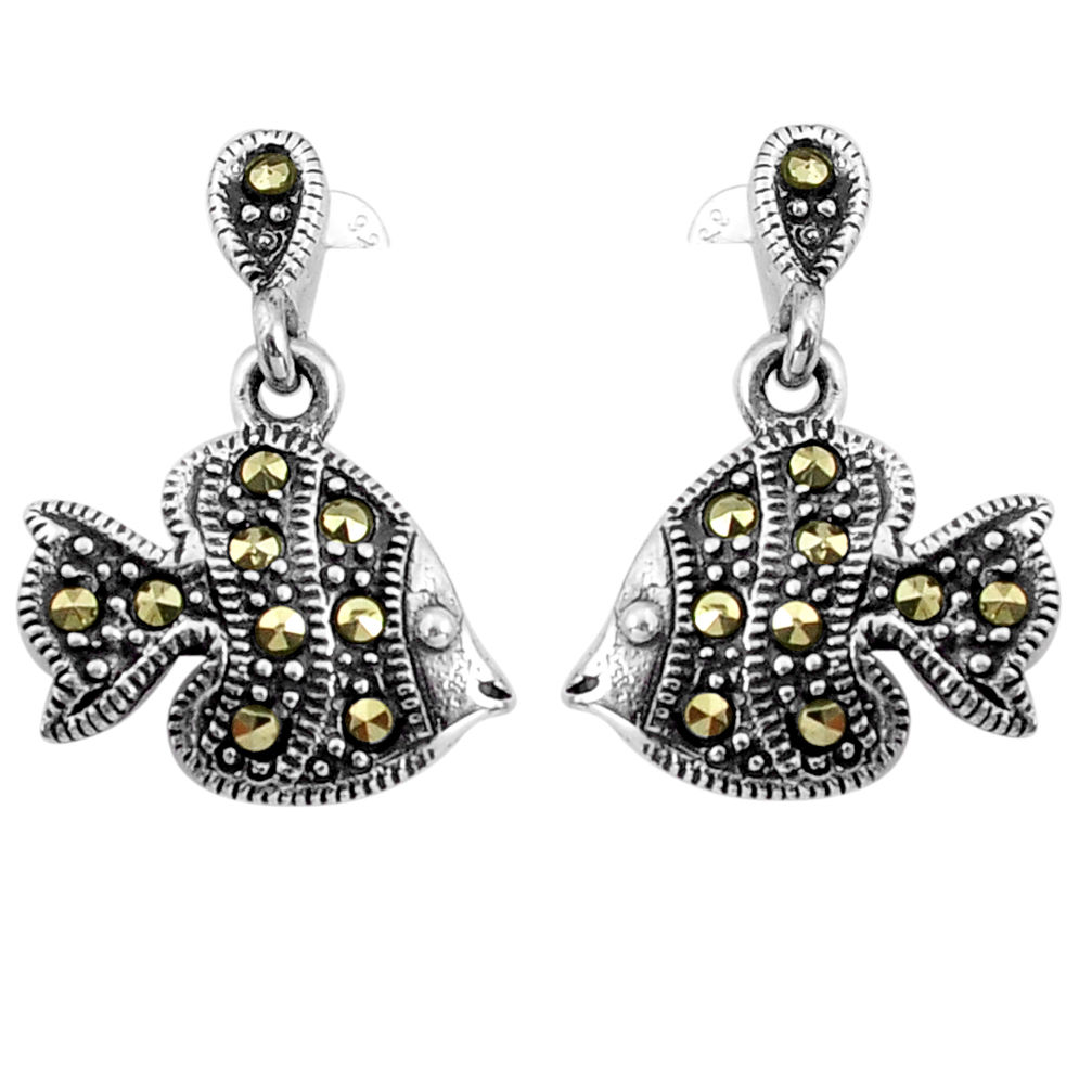 3.89gms swiss marcasite 925 sterling silver fish earrings jewelry c4555