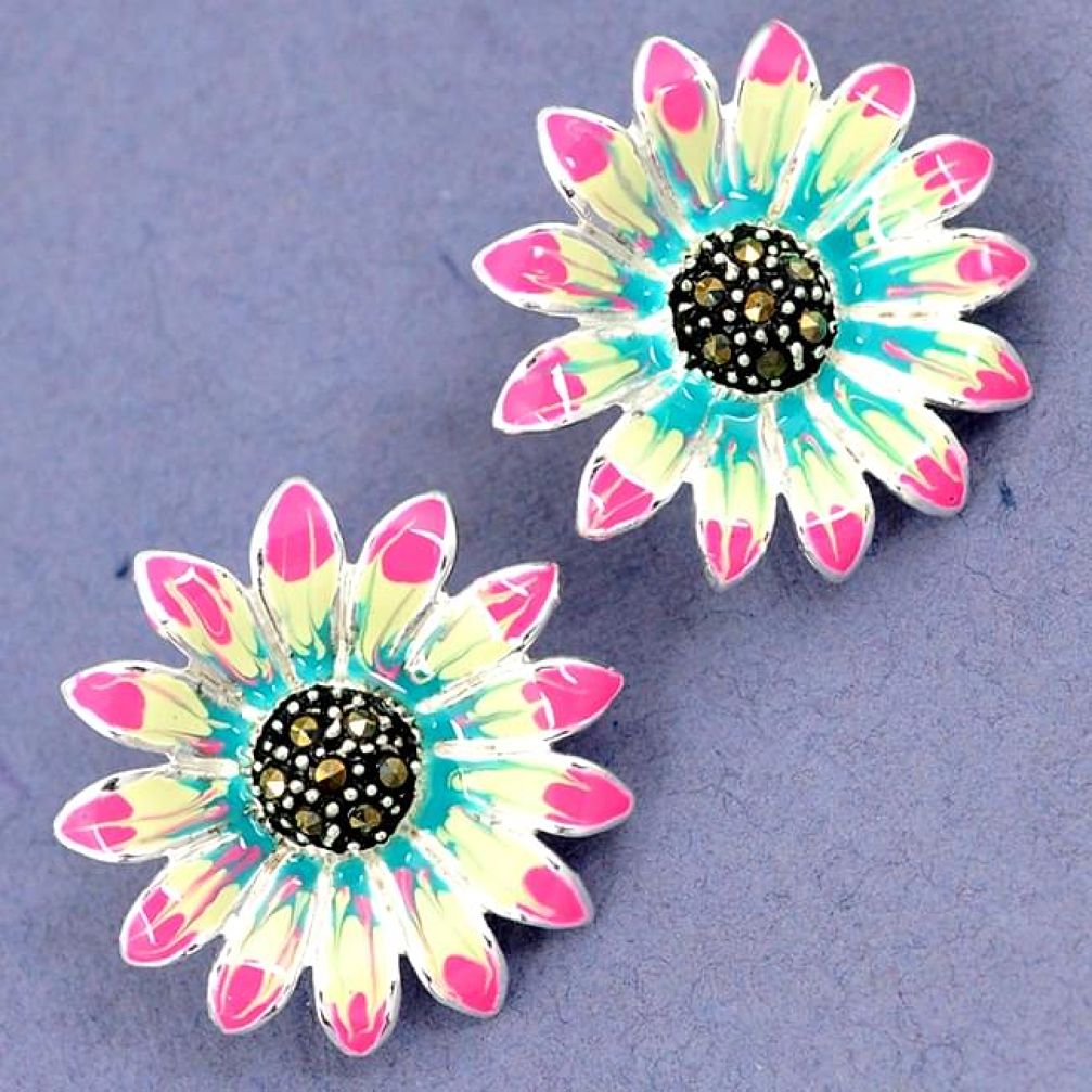 SWISS MARCASITE BLUE PINK GREEN ENAMEL 925 SILVER FLOWER STUD EARRINGS H28647