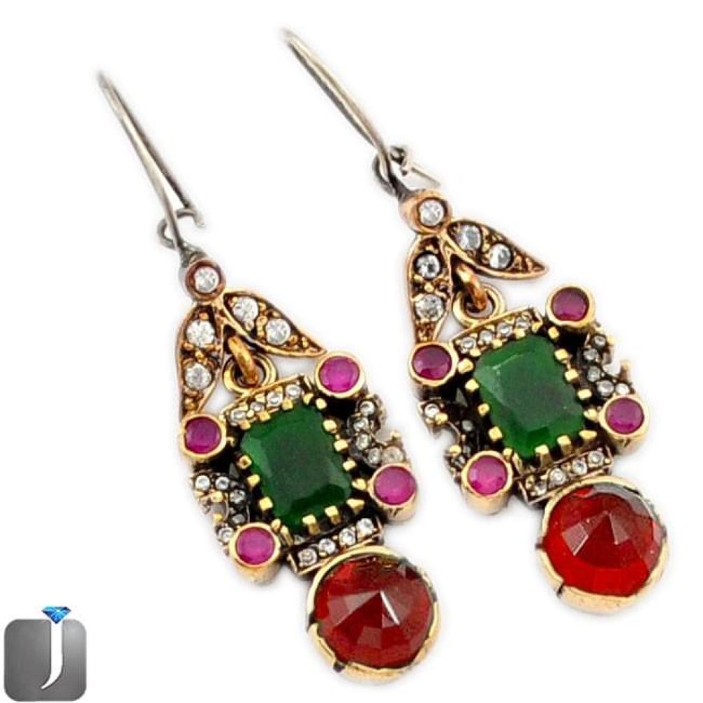 TURKISH GREEN EMERALD RUBY QUARTZ 925 SILVER TWO TONE EARRINGS JEWELRY G2721