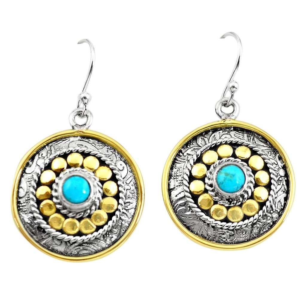 1.88cts victorian arizona mohave turquoise 925 silver two tone earrings p55673
