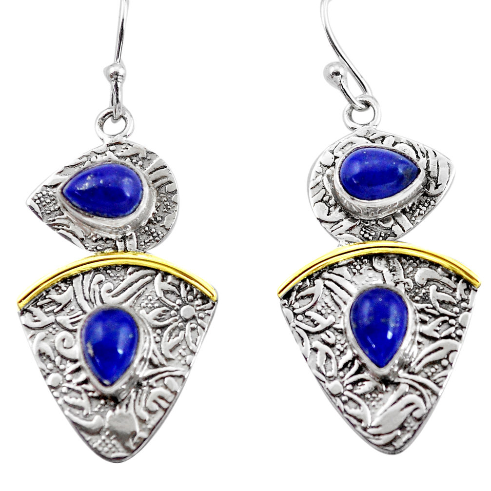 6.55cts victorian natural blue lapis lazuli 925 silver two tone earrings p56150