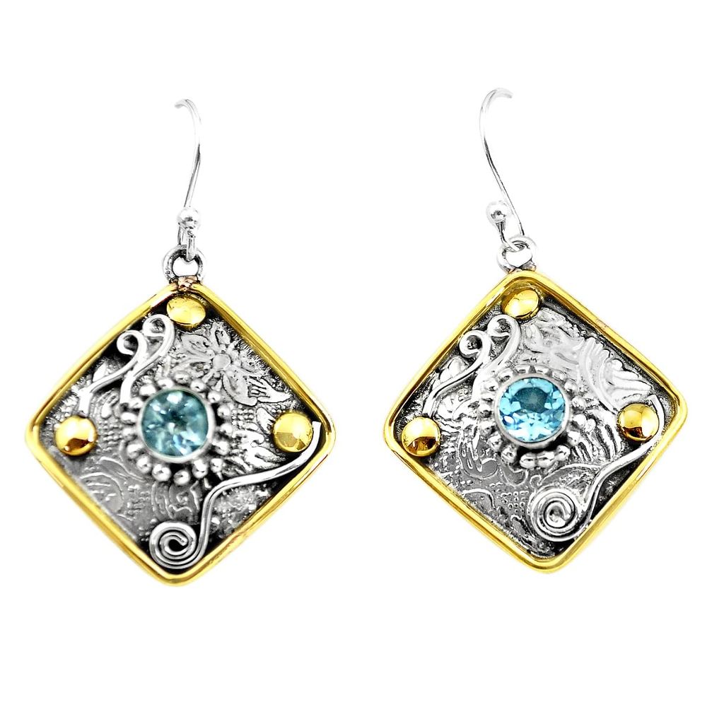 2.10cts victorian natural blue topaz 925 silver two tone dangle earrings p55680