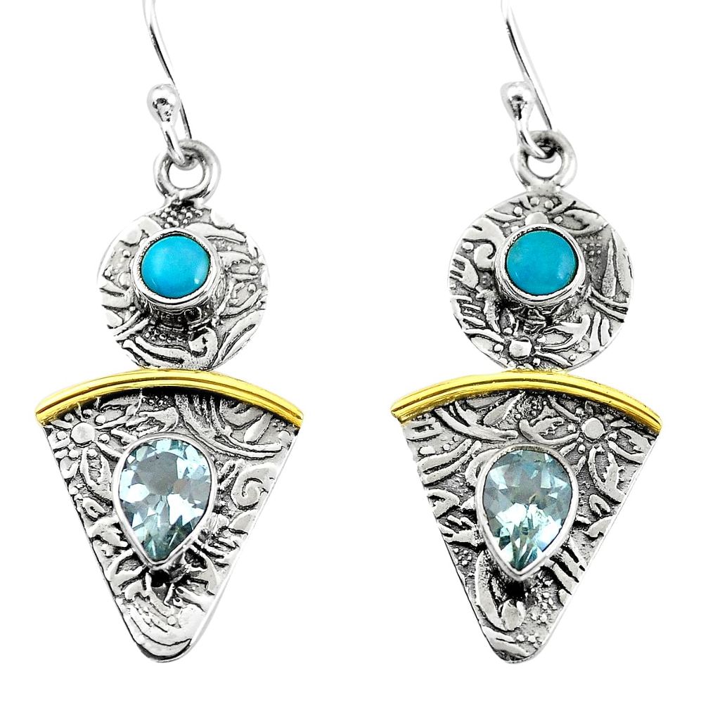 4.46cts victorian natural blue topaz 925 silver two tone dangle earrings p56208