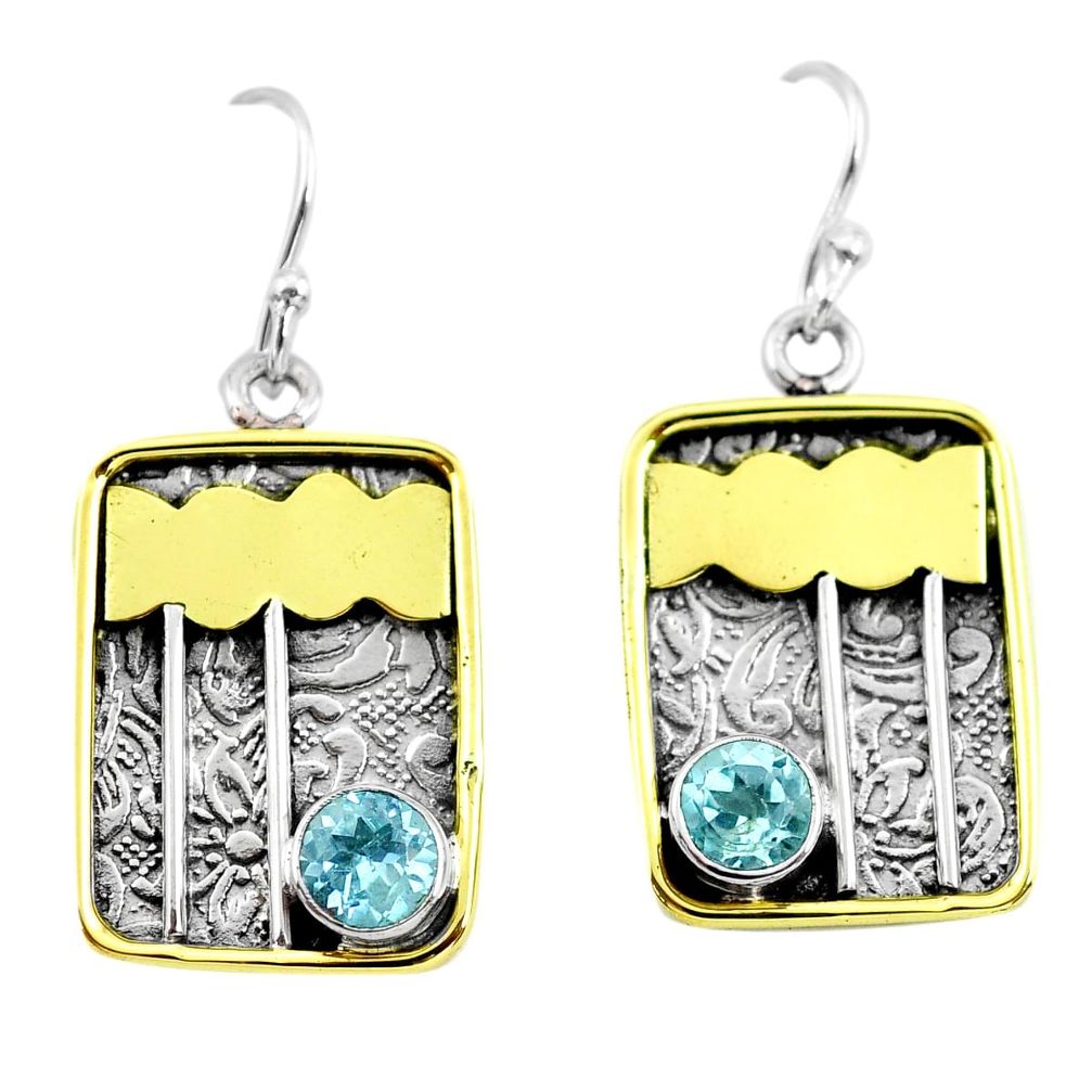2.36cts victorian natural blue topaz 925 silver two tone dangle earrings p56387