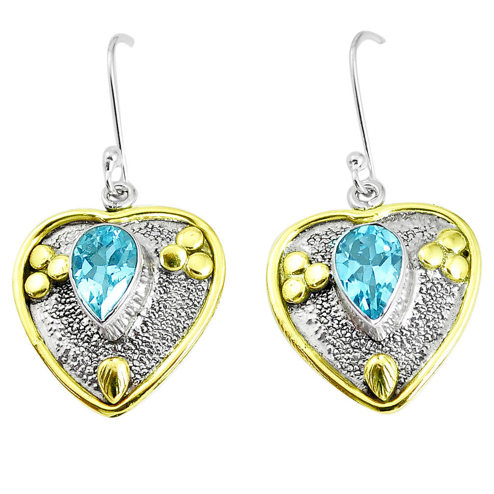 5.83cts victorian natural blue topaz 925 silver two tone heart earrings p37741