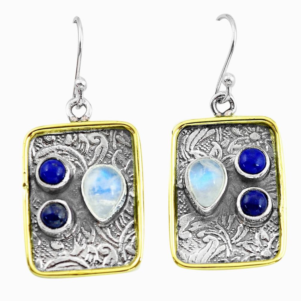 6.32cts victorian natural rainbow moonstone 925 silver two tone earrings p56238