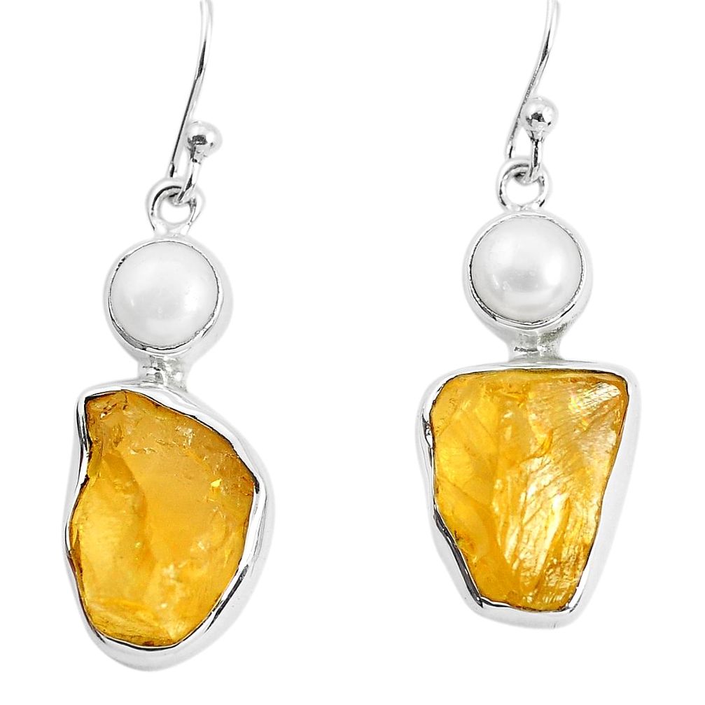 13.77cts yellow citrine rough pearl 925 sterling silver dangle earrings p51802