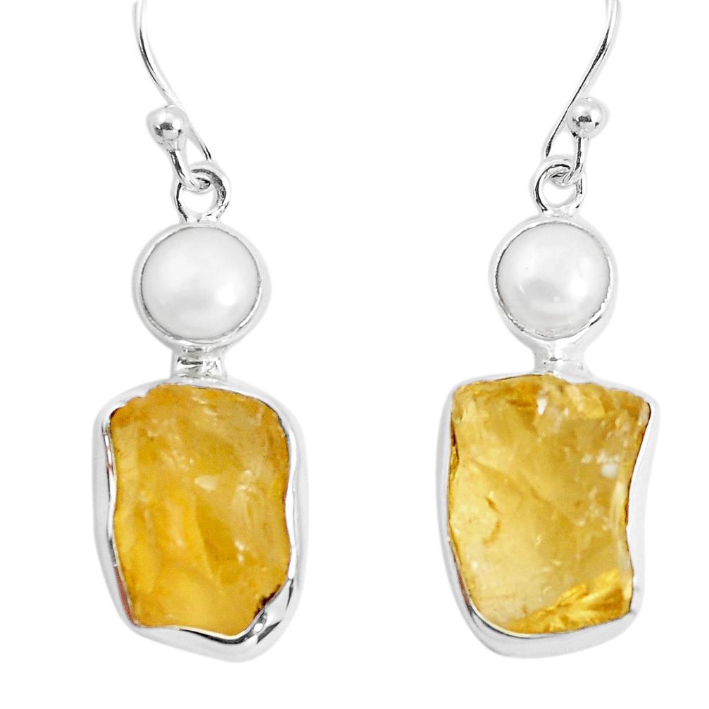 14.72cts yellow citrine rough pearl 925 sterling silver dangle earrings p51808