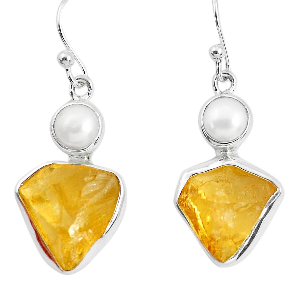 14.26cts yellow citrine rough pearl 925 sterling silver dangle earrings p51812