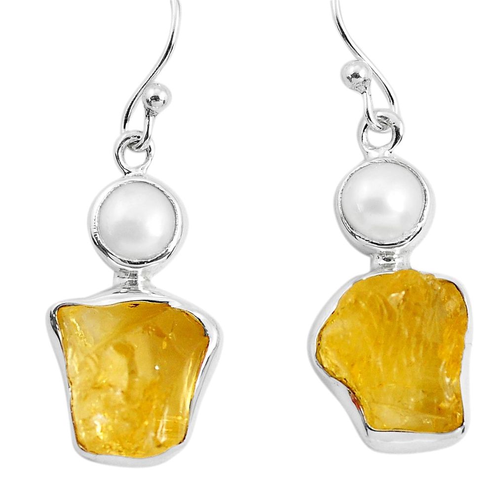 14.23cts yellow citrine rough pearl 925 sterling silver dangle earrings p51814