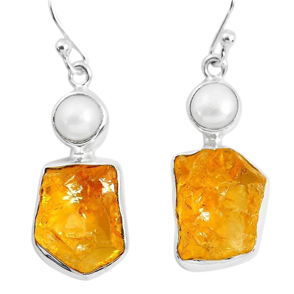 16.43cts yellow citrine rough pearl 925 sterling silver dangle earrings p51820