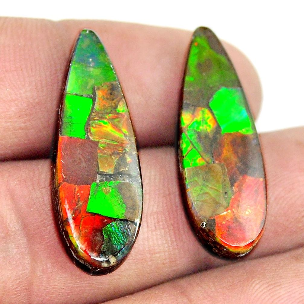Natural 20.10cts ammolite triplets cabochon 28x9 mm pair loose gemstone s13486