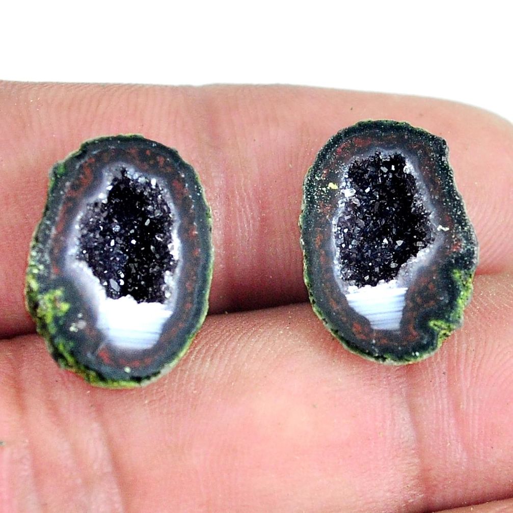 Natural 18.45cts geode druzy black pair 17.5x12 mm fancy loose gemstone s11606