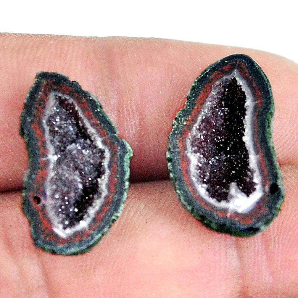 Natural 18.45cts geode druzy black pair 21x12 mm fancy loose gemstone s11609