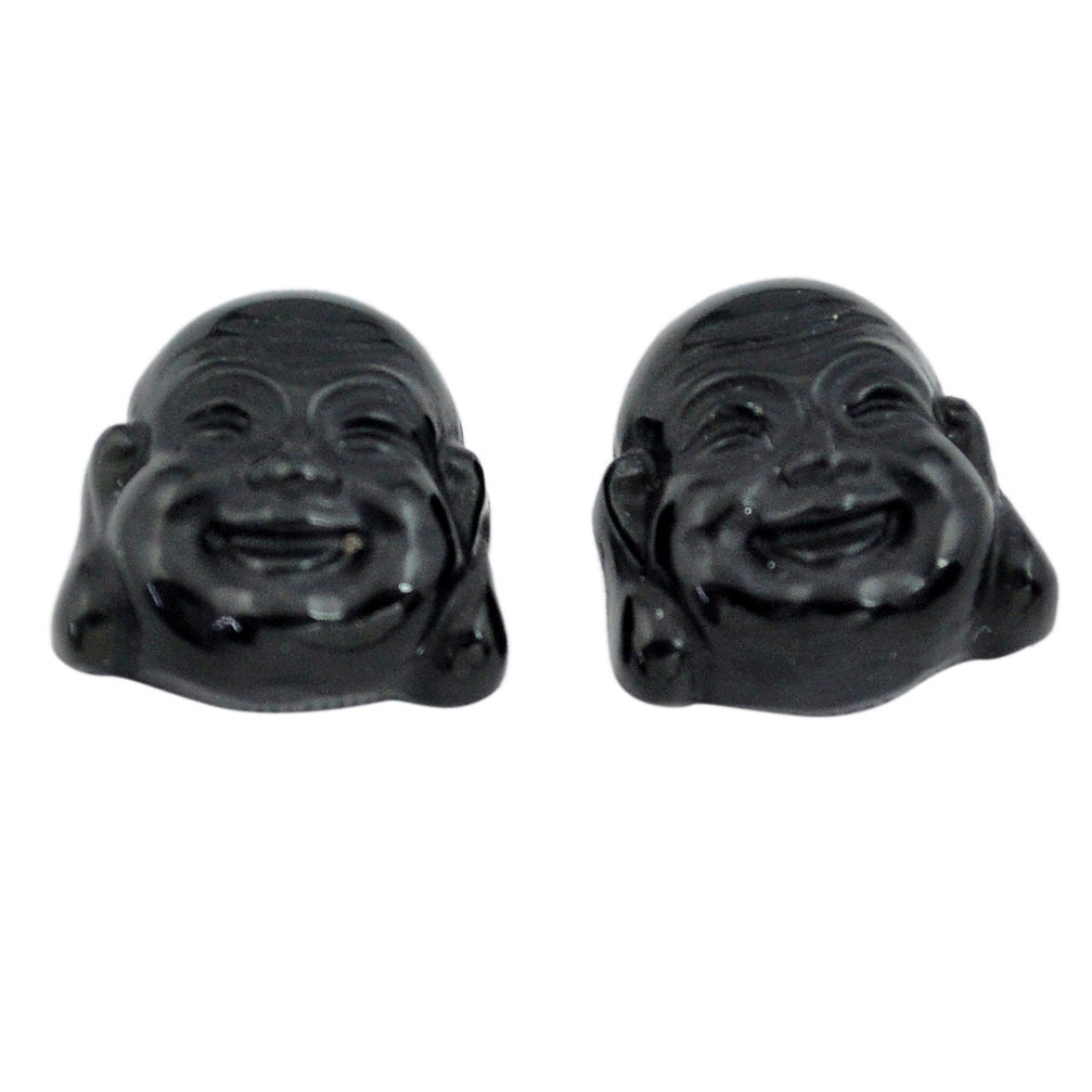 Natural 12.35cts onyx black 13x13 mm buddha face pair loose gemstone s13373