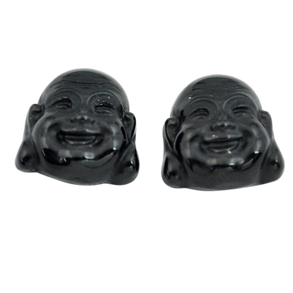 Natural 12.40cts onyx black 14x12.5 mm buddha face pair loose gemstone s13374